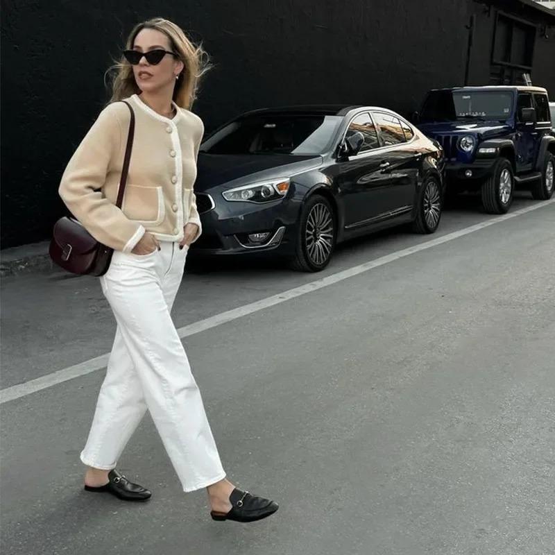 Elegant Patchwork Short Coat Women Slim Contrast O-neck Long Sleeve Single Breasted Pockets Jacket 2024 Autumn Lady Top Outwear