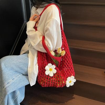 Retro Flower Knitted Tote Bag Large Capacity Woolen Crochet Handbag Eco-Friendly Lightweight Hollow Shoulder Bag Summer
