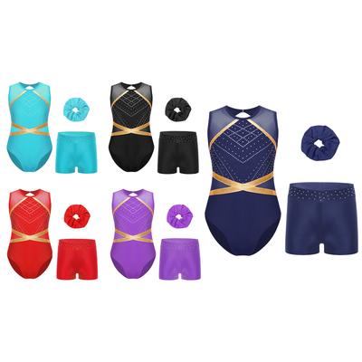 Girls Gymnastics Outfit Keyhole Back Patchwork Sleeveless Leotard Rhinestones Waistband Shorts Hair Tie Headwear Set