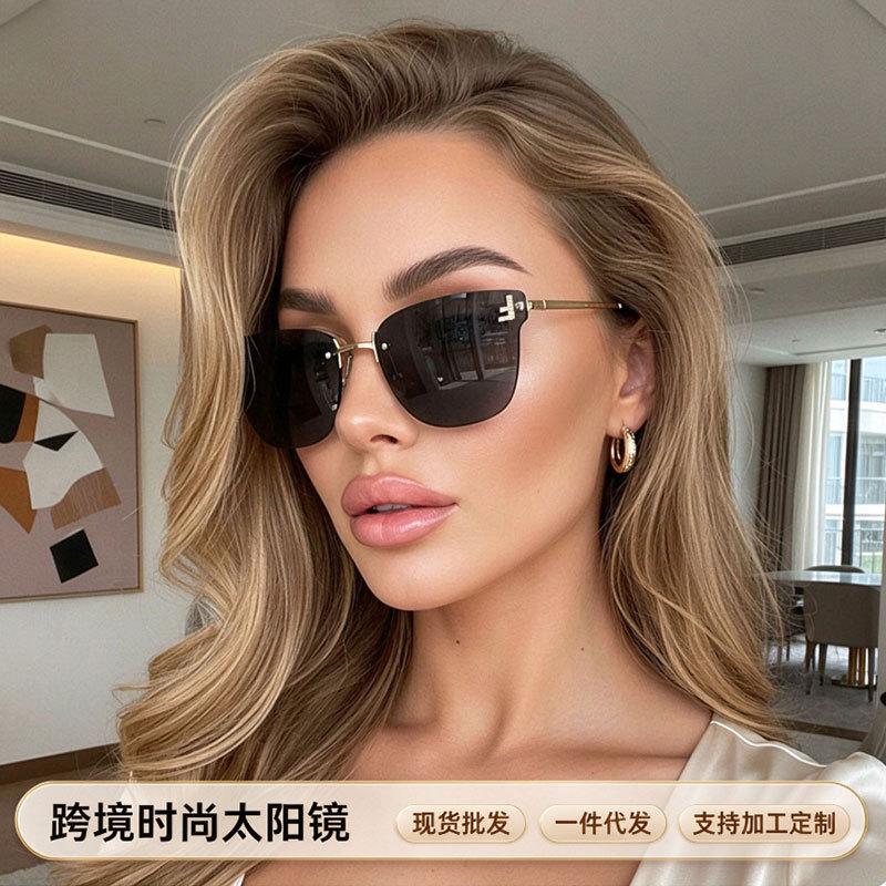 Diamond-encrusted F-letter frameless sunglasses ins wind fashion sunglasses high-end metal sunglasses women's one
