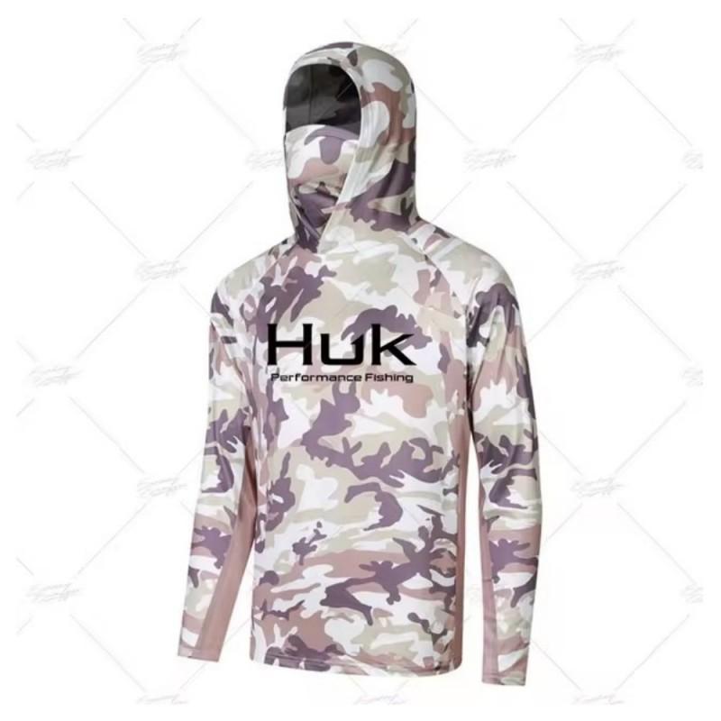

HUK Fishing Hooded Shirt Mask Anti-ultraviolet Collar Suit Men s Long-sleeved Breathable Quick-drying T-shirt XXL
