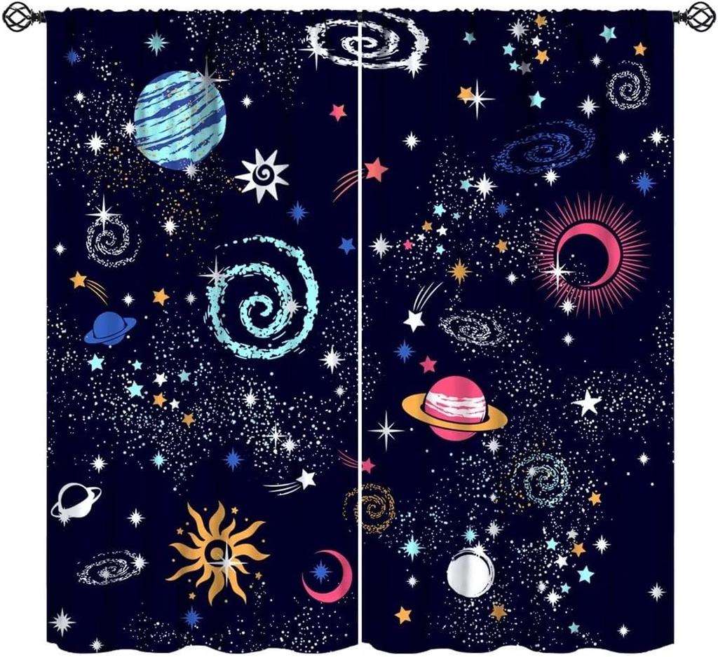 Conjunto de cortinas de porta com tema espacial 2 peças com design de galáxias, cortinas de painel de poliéster para vários tratamentos de janela de sala