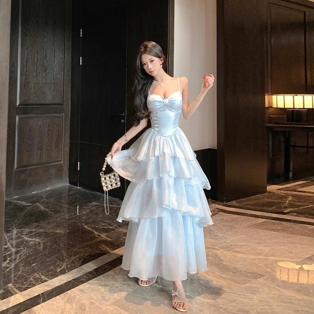 Beautiful blue suspender evening dress female banquet fairy temperament light luxury student day bar mitzvah party art test princess dress