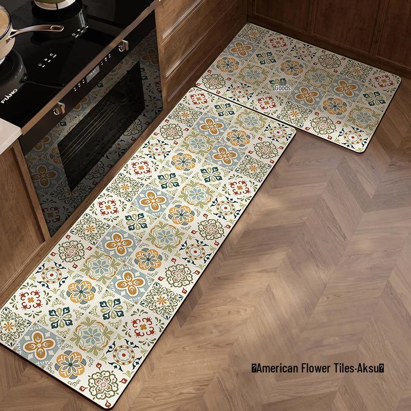 Retro American Diatom Mud Kitchen Floor Mat - Quick Dry, Water Absorbing, Non-Slip, Easy Clean, Long Strip Design.