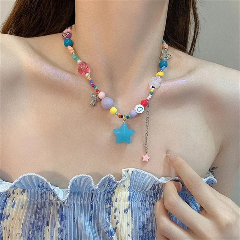Boho Colorful Love Heart Beaded Necklace For Women Fashion Dopamine Girls Resin Clavicle Chain Choker Jewelry Y2K Accessories