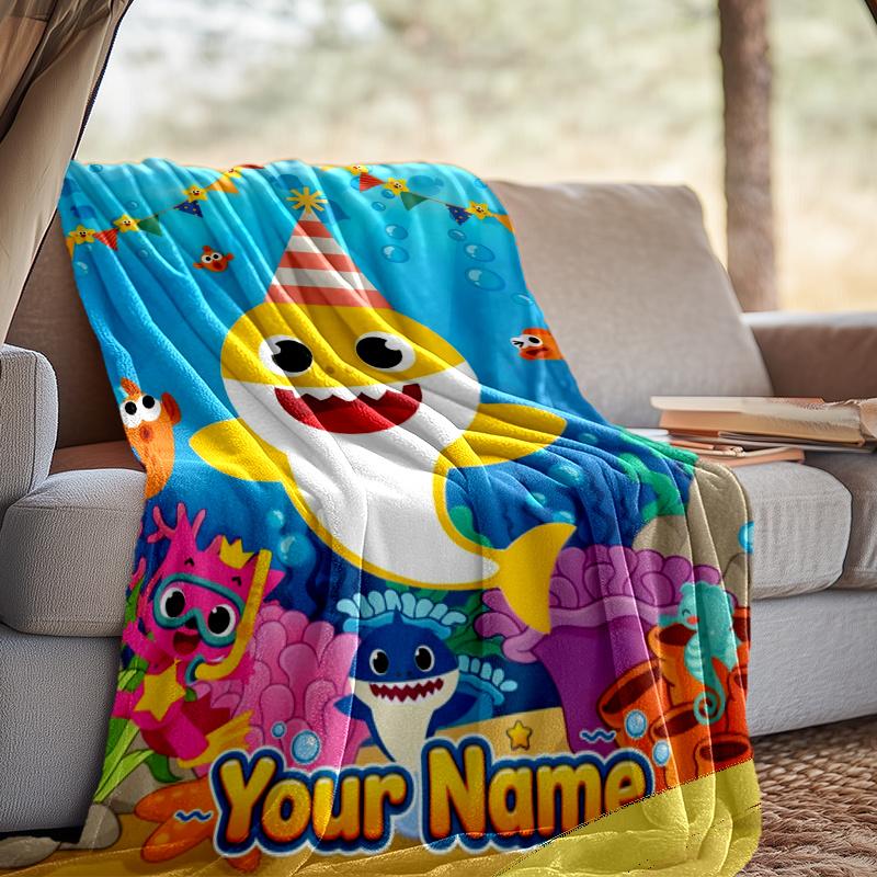 Custom Name Cartoon Shark Throw Blanket - Perfect for Couch, Bed, Office, and outdoor Travel - Ideal Gift for Christmas & Holidays
