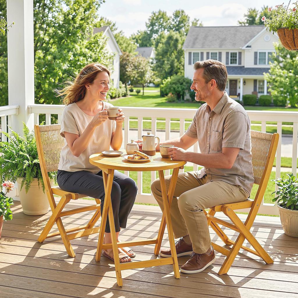 Bistro Garden Furniture Set, 3-Piece, Round Table, 2 Folding Chairs, Acacia Wood, Natural PP Rope