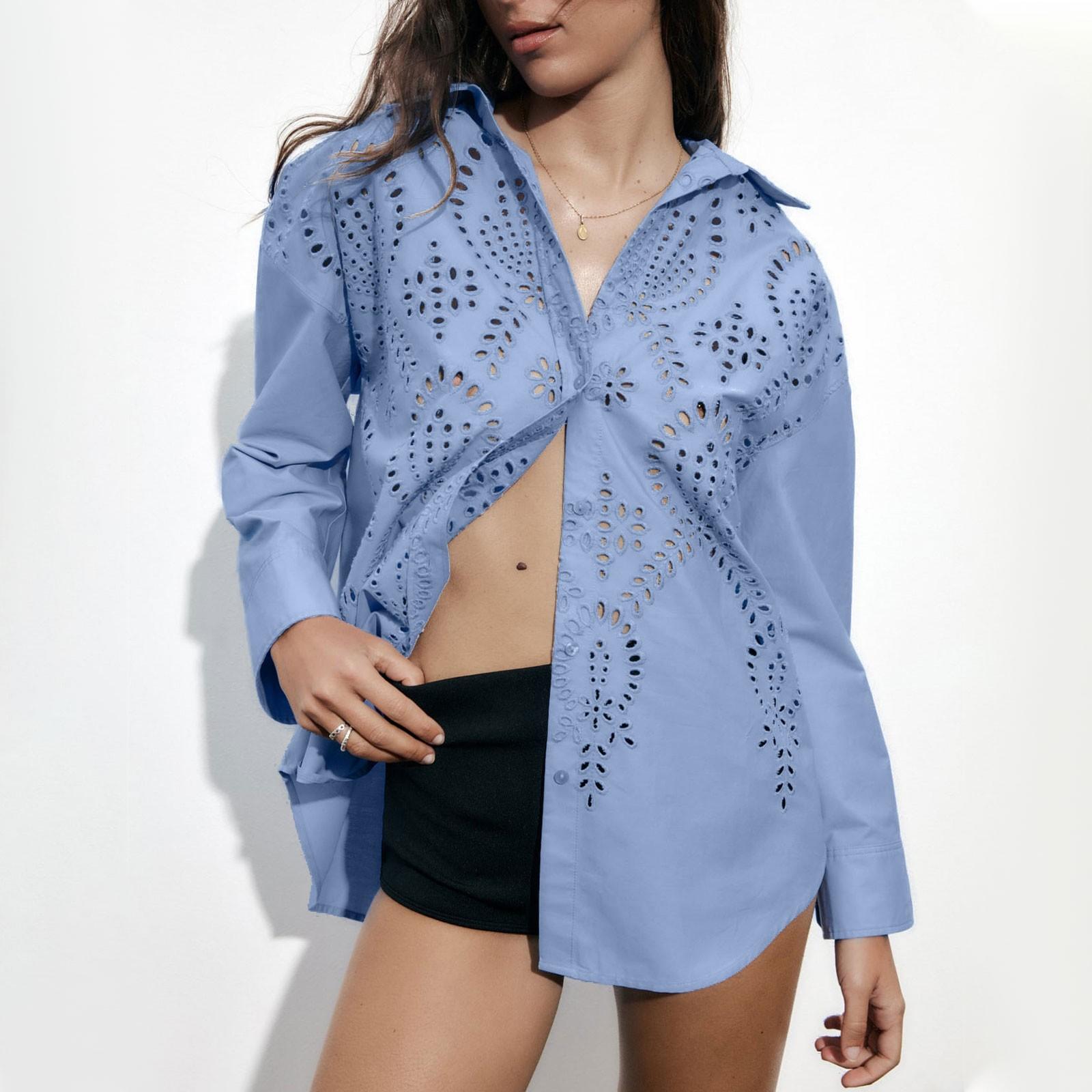 

Женская летняя хлопково-льняная однотонная рубашка с длинным рукавом, свободная рубашка с v-образным вырезом L синий