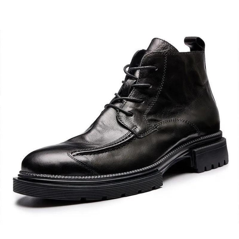 2025 Fashion Men's Platform Motorcycle Boots Retro Brown Leather Round Toe Ankle Boots Plus Size 38-48 Male Outdoor Casual Shoes