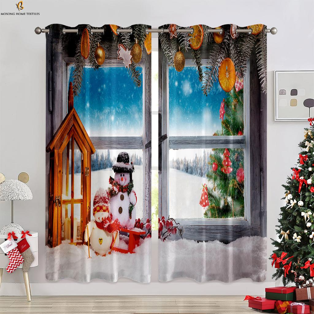 Weihnachts Schneemann Fenster Cartoon Druck Vorhänge Geeignet für Schlafzimmer Restaurant Feiertags Party Dekorative Vorhänge 2 Stück