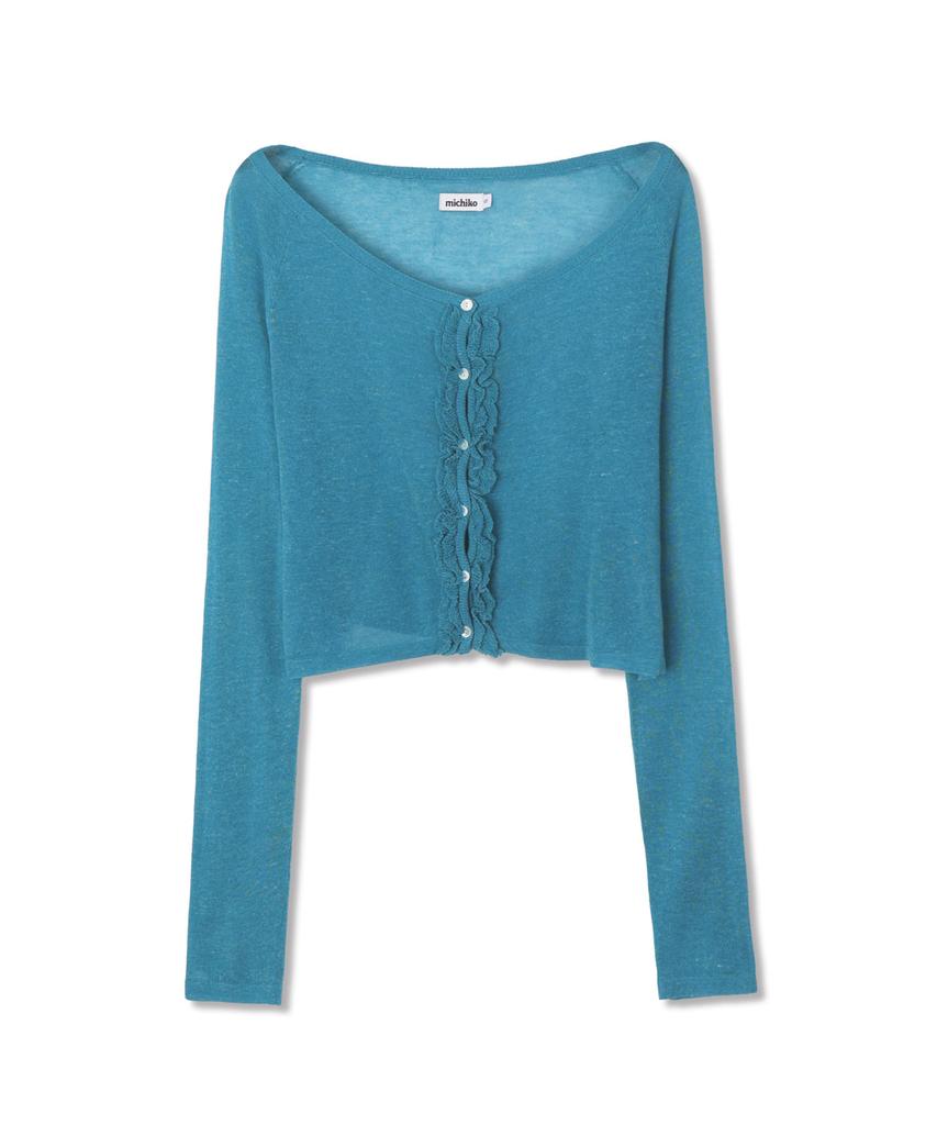 Michiko London Koshino Ruffle Off-Shoulder Cardigan Teal Blue