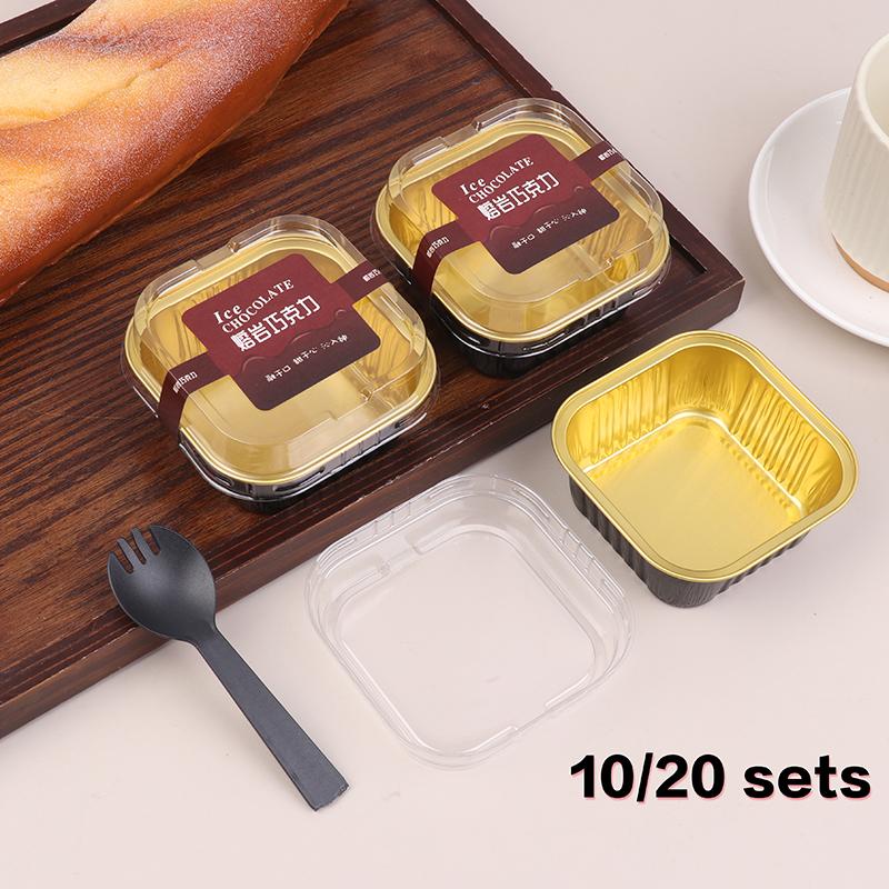 10/20 Sets Schwarz Gold Kuchenbecher Aluminiumfolie Kuchenboxen Mit Deckeln Löffeln Mousse Dessert Verpackungsboxen Backformen Partygeschenke