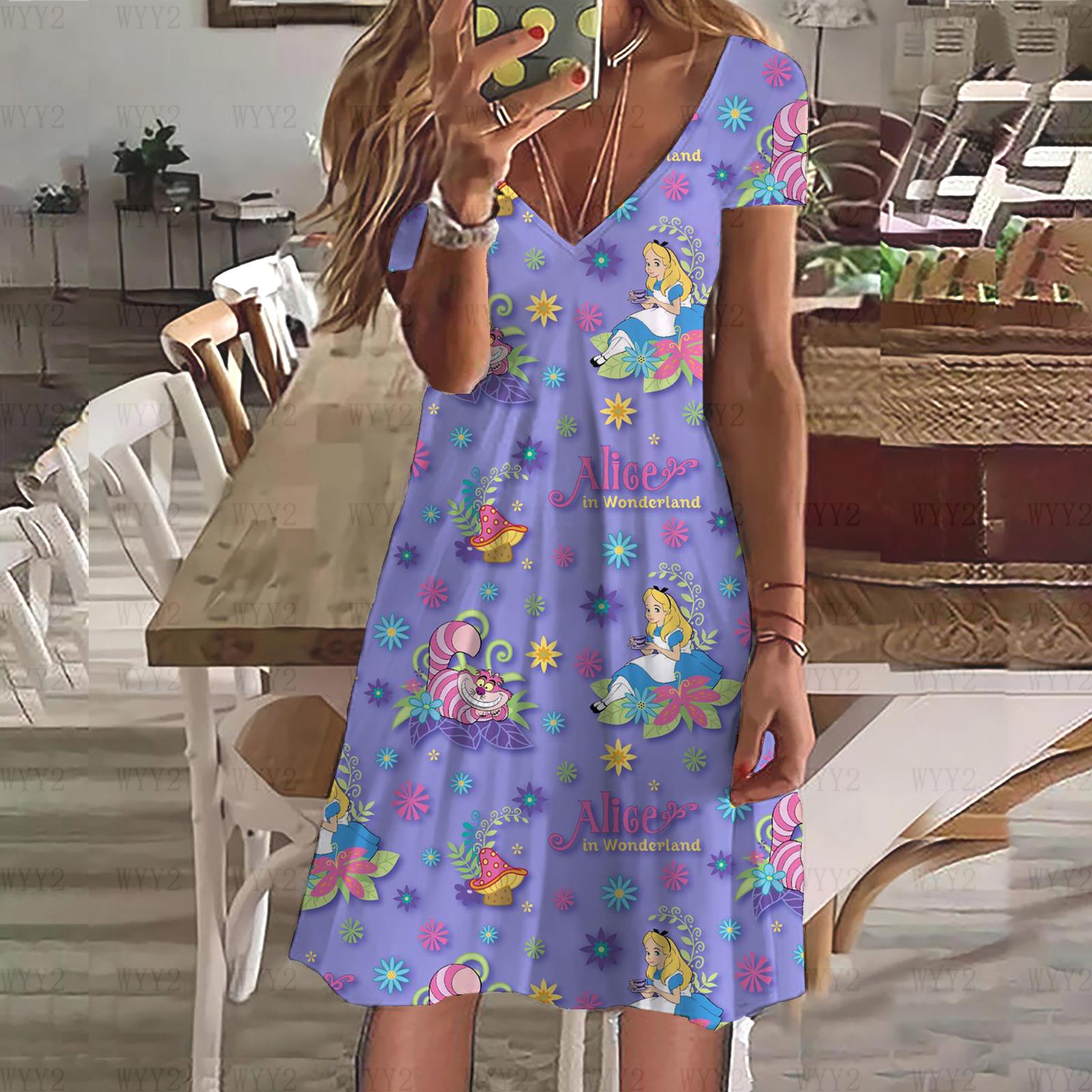 

Летнее женское новое платье Disney Princess Alice In Wonderland Print V-образный вырез с коротким рукавом Женская одежда Повседневный уличный стиль 4XL