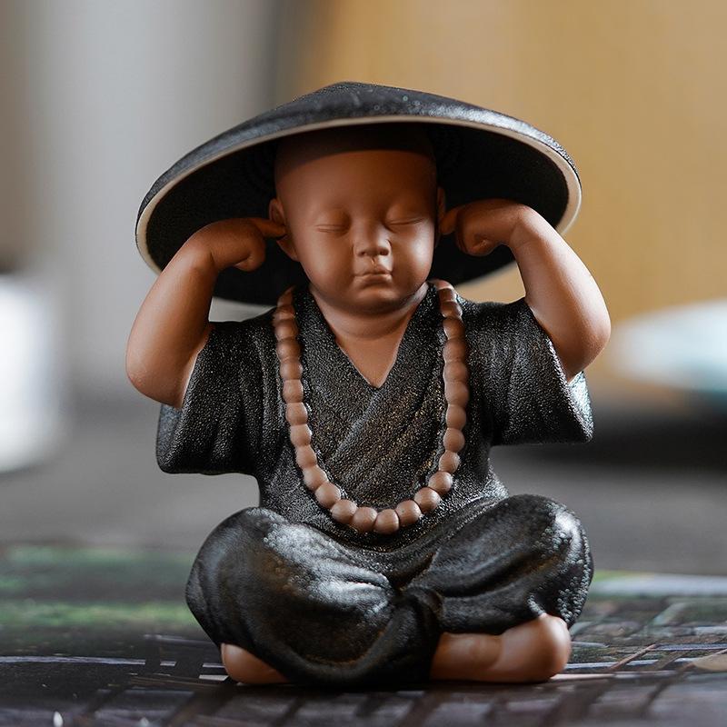 Black Pottery Buddhist Monks Miniature Figurines Buddha Statue Sculpture Tea Filter Funel Set Ornaments Home Docor Decoration