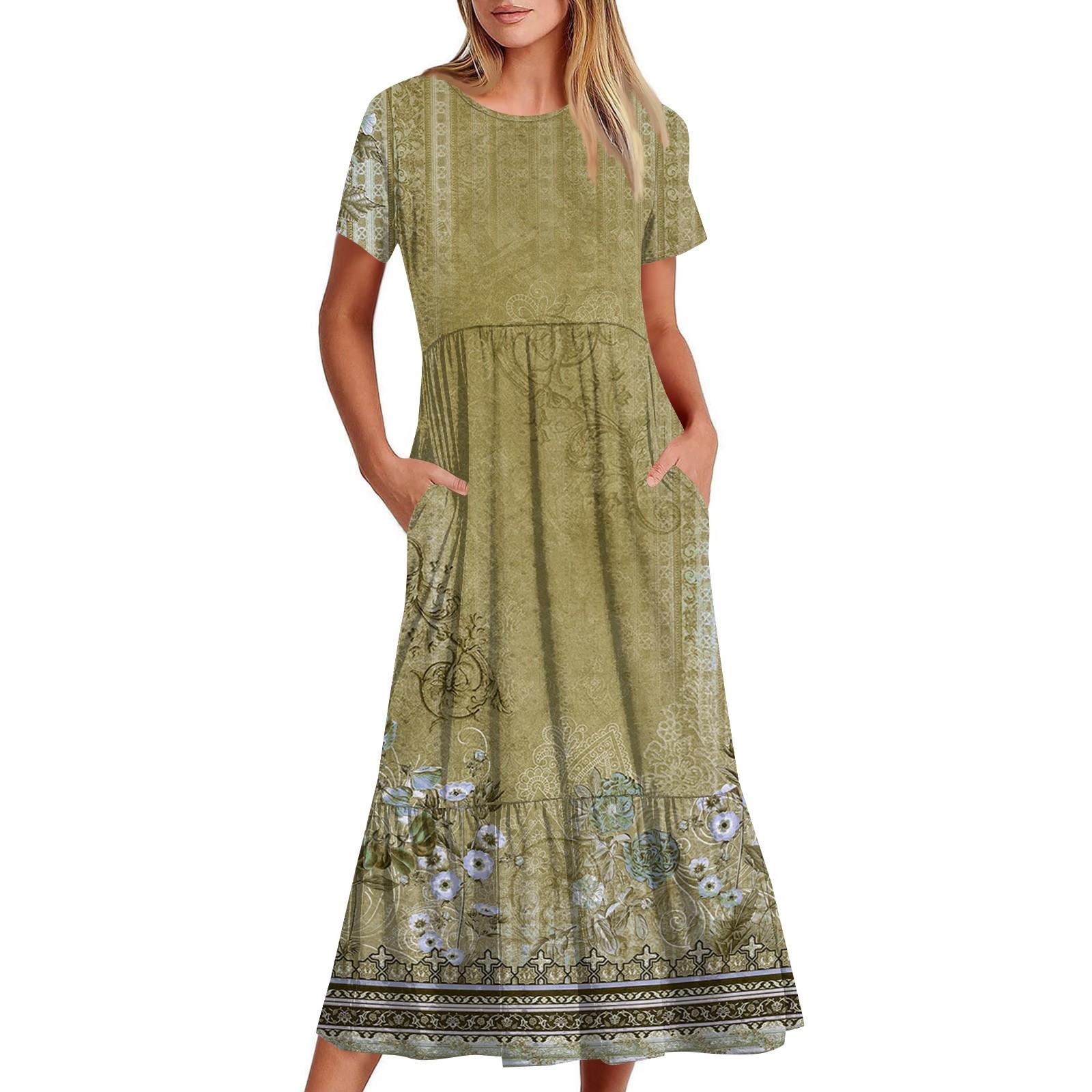 

Платье в стиле бохо с коротким рукавом для женщин, повседневное, свободного кроя, летнее, сарафан с цветочным принтом и карманами L жёлтый