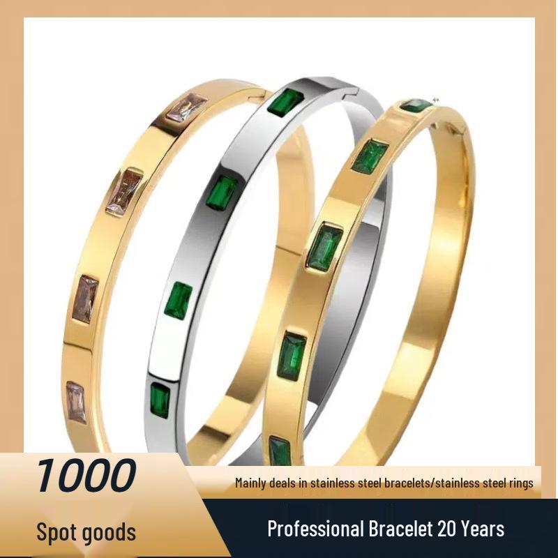 Gold-Plated Titanium Steel Bracelet with Green Diamond Buckle – Women's Fashion Jewelry