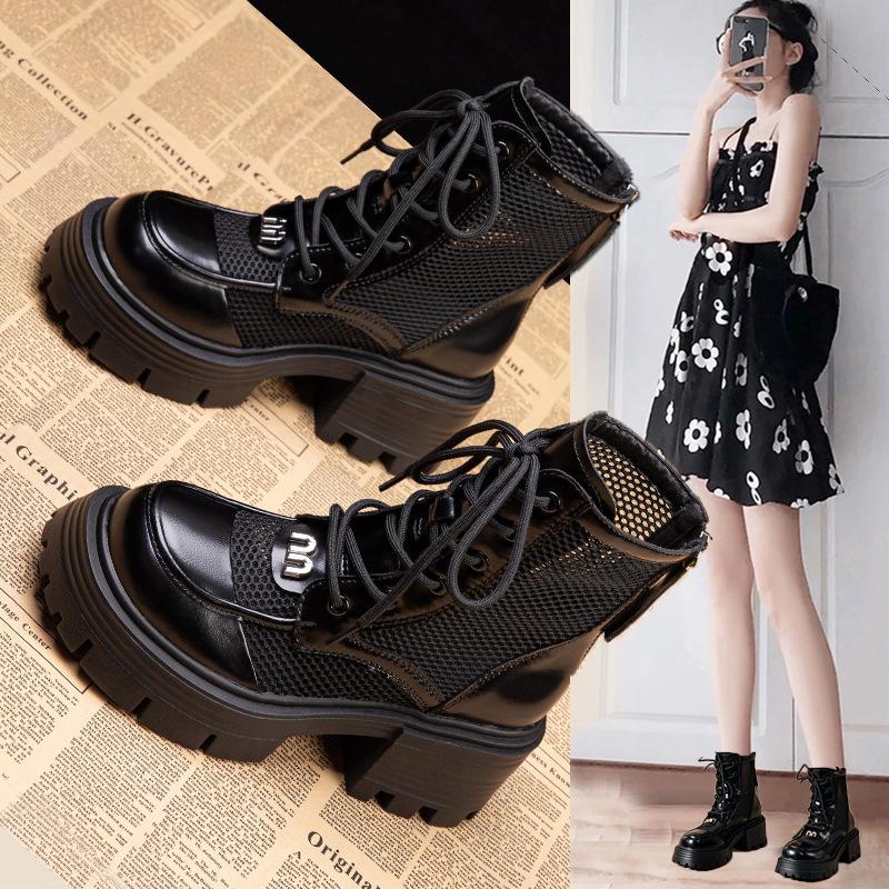 Miękkie skórzane ażurowe modne botki damskie na grubej podeszwie nowe letnio-jesienne ażurowe oddychające botki siateczkowe damskie buty podwyższające damskie