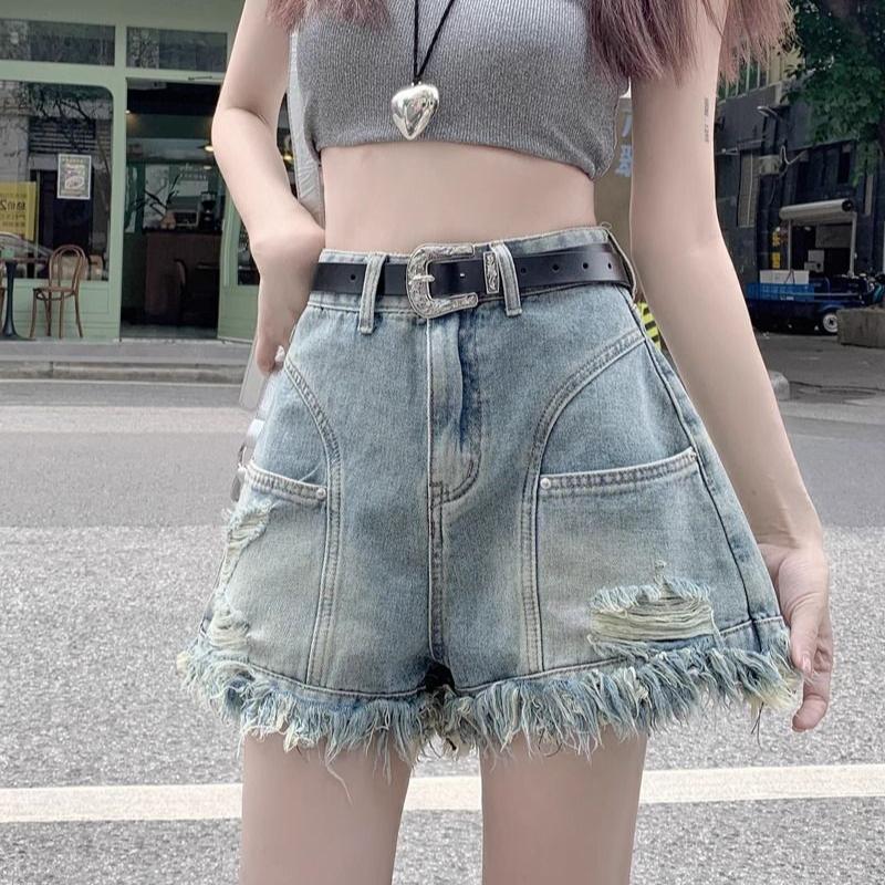 Vintage High Waisted Ripped Frayed Denim Shorts for Women Summer A Line Distressed American Retro Style