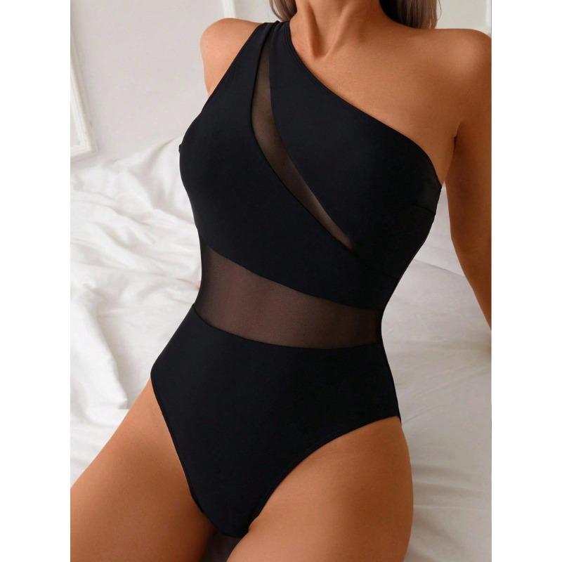European and American New One-piece Swimsuit Women's Foreign Trade Solid Color Hollow Stitching Mesh Sexy Bikini