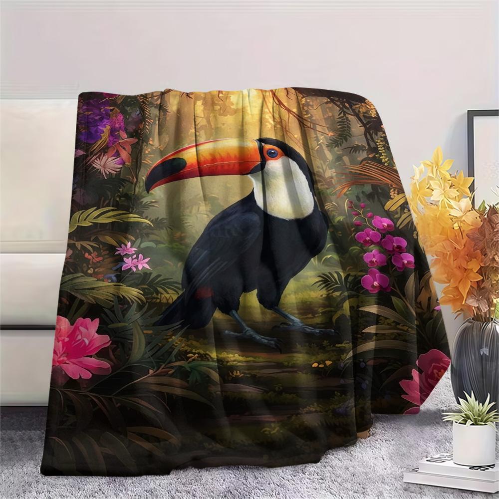 1PC Cartoon Toucan Decor Print FlAannel Blanket, High quality Comfortable for All Seasons, Home Decor, Warmth and Comfort
