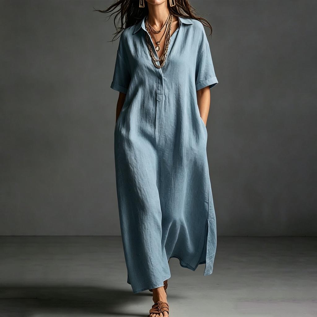 Womens Cotton Maxi Dress Short Sleeve Loose Fit Casual Shirt V Neck Button Long Kaftan Summer Beach Dress with Pockets