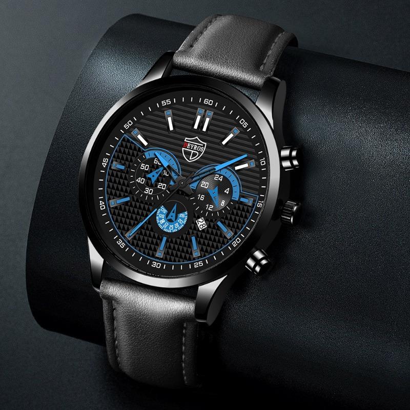 2PCS Set DEYROS Fashion Men's Watch Business Men's Leather Strap Calendar Watch Casual Men's Quartz Watch Men's Gifts
