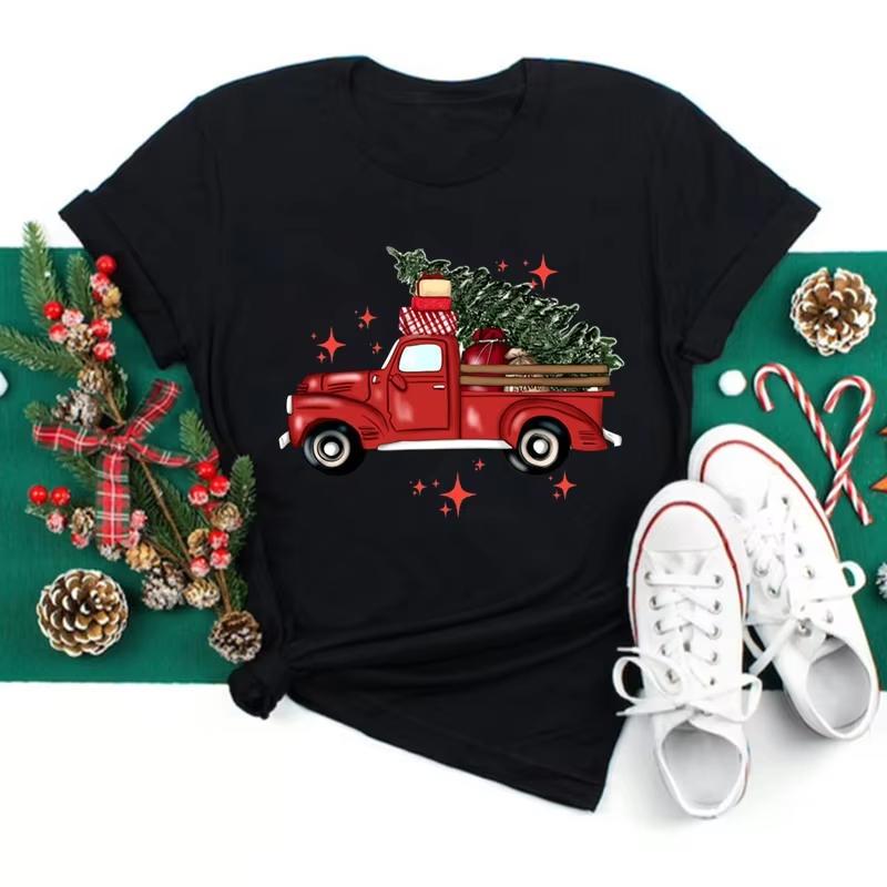 Christmas Theme Print TShirt Casual Crew Neck Short Sleeve Fashion Holiday Wear for All Seasons