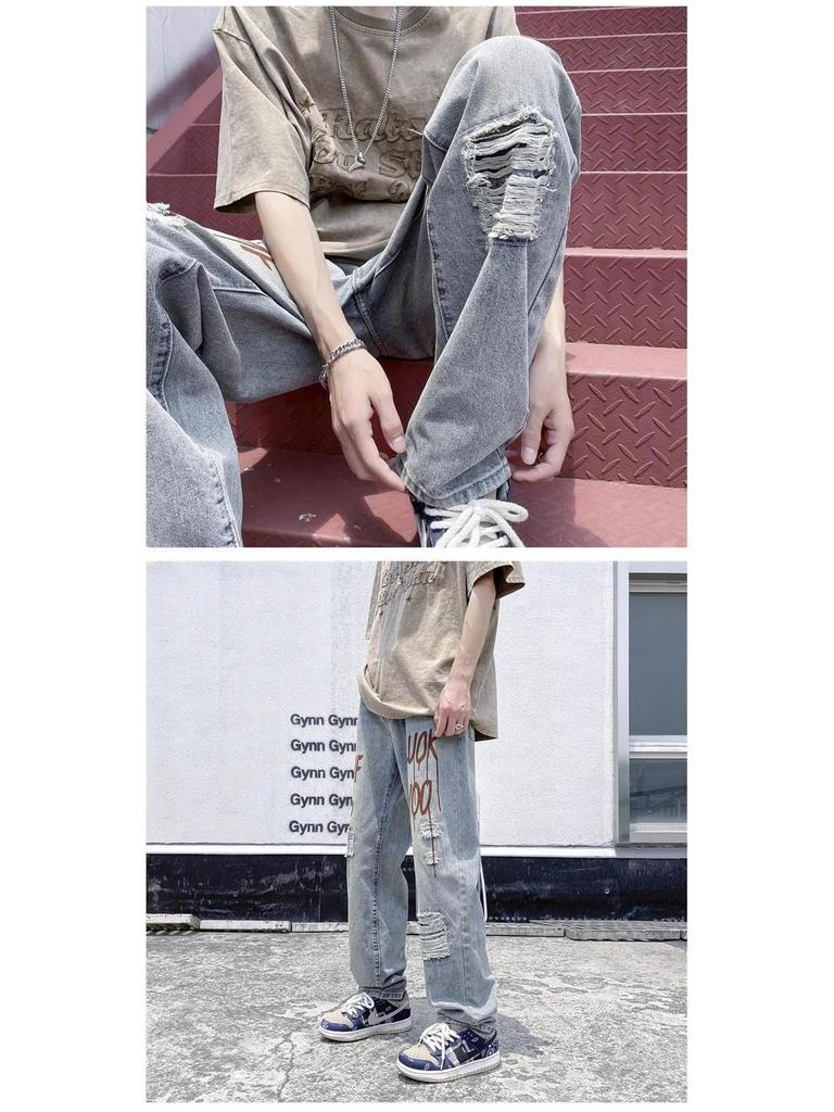 Men's Summer Ripped Ink-Print Harajuku Jeans - Straight Leg Trendy Pants