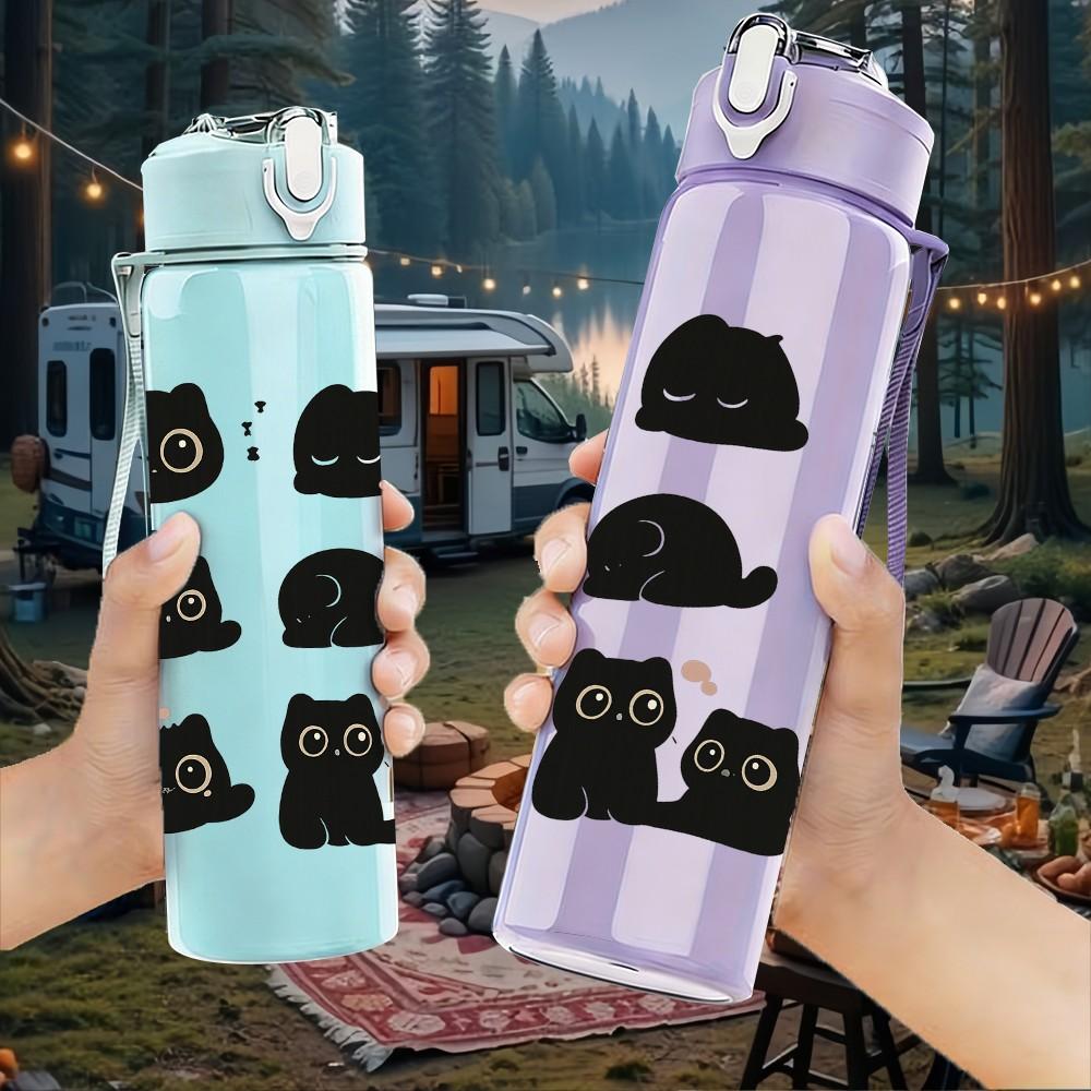 1PC Black Cat Face Repeat Pattern 750ml Color Plastic Sports Water Bottle Leakproof Flip Straw Lid Suitable for Sports Office Home Use