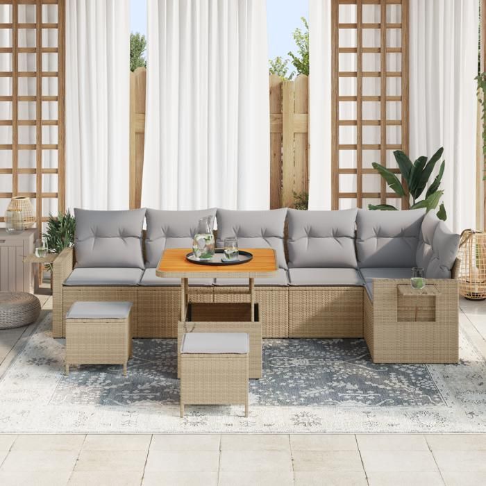 Ensemble de Canapé de Jardin 9 pièces avec Coussins Beige Rattan Poly Acacia, Ensemble de Salle à Manger de Jardin 3 pièces 3361762