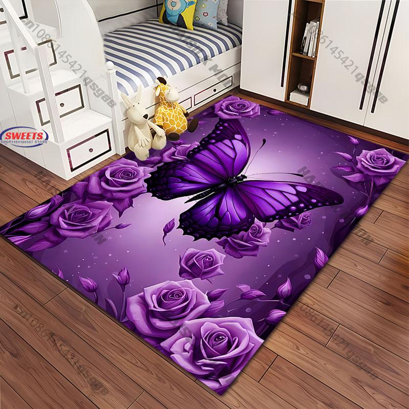 1PC Purple Butterfly Flower Print Carpet Living Rooms Bedroom, Office Areas Rug, Durable Machine Washable Mat with Fast Shipping