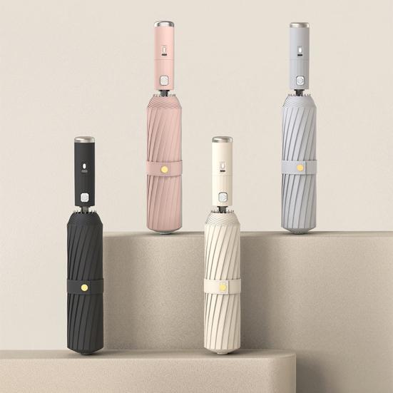 Sammenleggbar paraply med vifte, 3 hastigheter justerbar, USB-oppladbar, UV-beskyttelsesparaply, bærbar, vanntett, vindtett, sommer utendørs, sol- og regnparaply