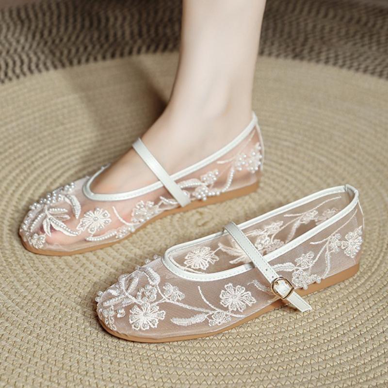 Mesh Breathable Flats Ballet Women String Bead Round Toe Sandals Light Soft Sole Casual Fashion Design  Elegant Dress Shoes