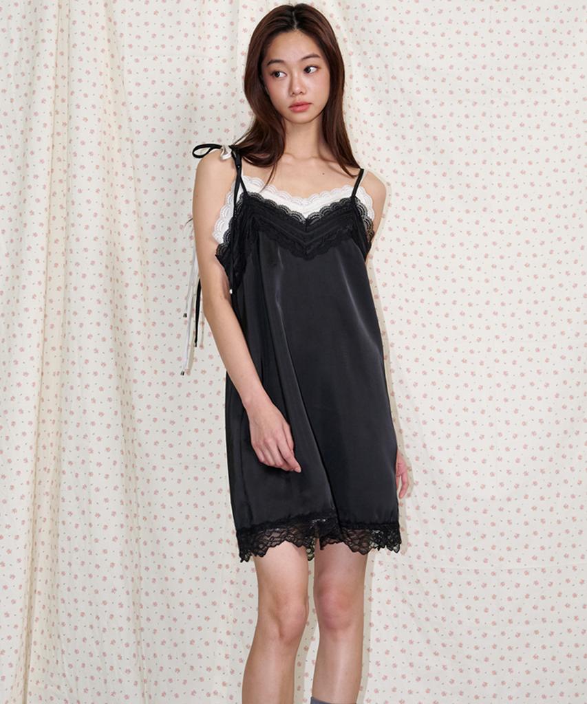 Opening Sunshine Ribbon Shoulder Satin Lace Mini Dress Black