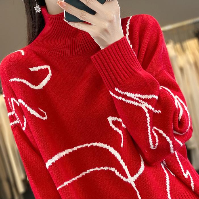 

Свободный свитер с высоким воротом для женщин, короткий красный рождественский вязаный свитер, новогодний повседневный пуловер, верхняя одежда на осень и зиму, свитер XL красный