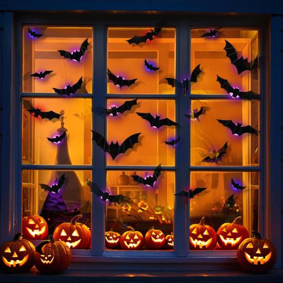 Ensemble d'autocollants Araignée Chauve-souris d'Halloween avec Lumières LED Améliorateur d'Atmosphère Effrayant Décorations Intérieur Extérieur