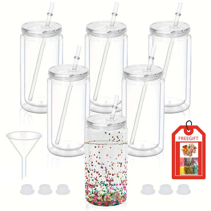 6PCS 16oz Double Wall Plastic Water Bottles with Straws Lids DIY Snowball Cup with Pre Drilled Hole Reusable Kids Drinkware Cups