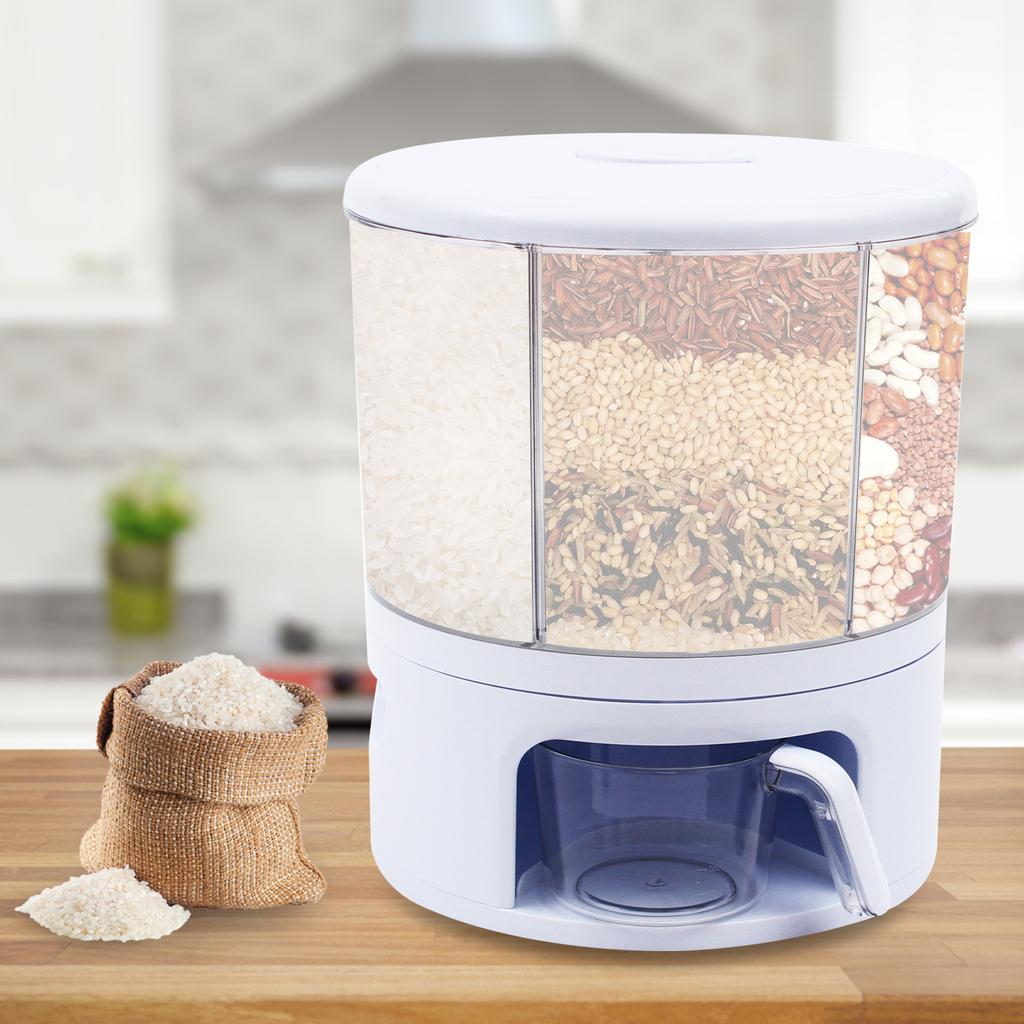 360° Rotating Grain Dispenser for Rice, Beans, Seeds – 11KG Large Capacity White Kitchen Storage Container with Measuring Cup