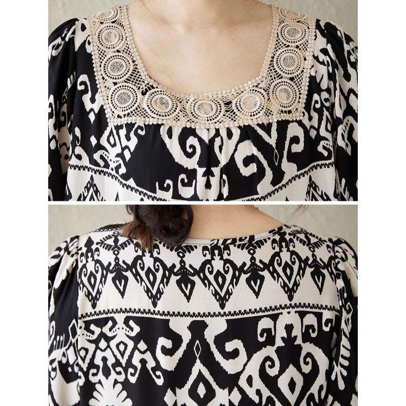 DIMANAF 2025 New Summer Women Plus Size Vintage Printing Dress Loose Elegant Basic Casual Long Dress Maxi