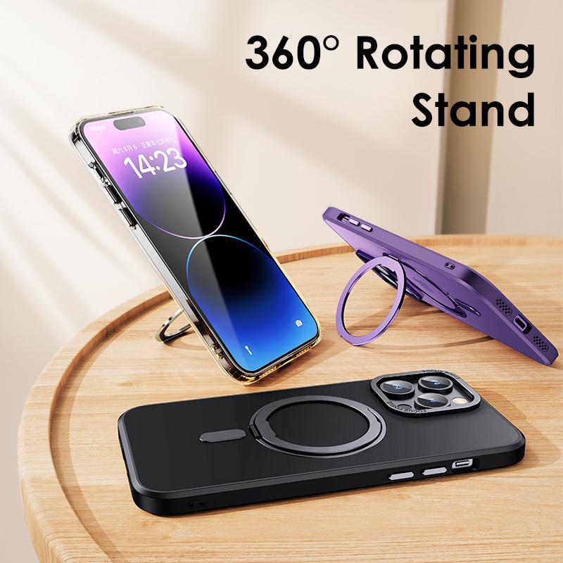 Magnetic 360°Rotation Stand Phone Case For Iphone 11 12 13 14 15 16 Pro Max 16Plus With Ring Holder Frosted Transparent Cover