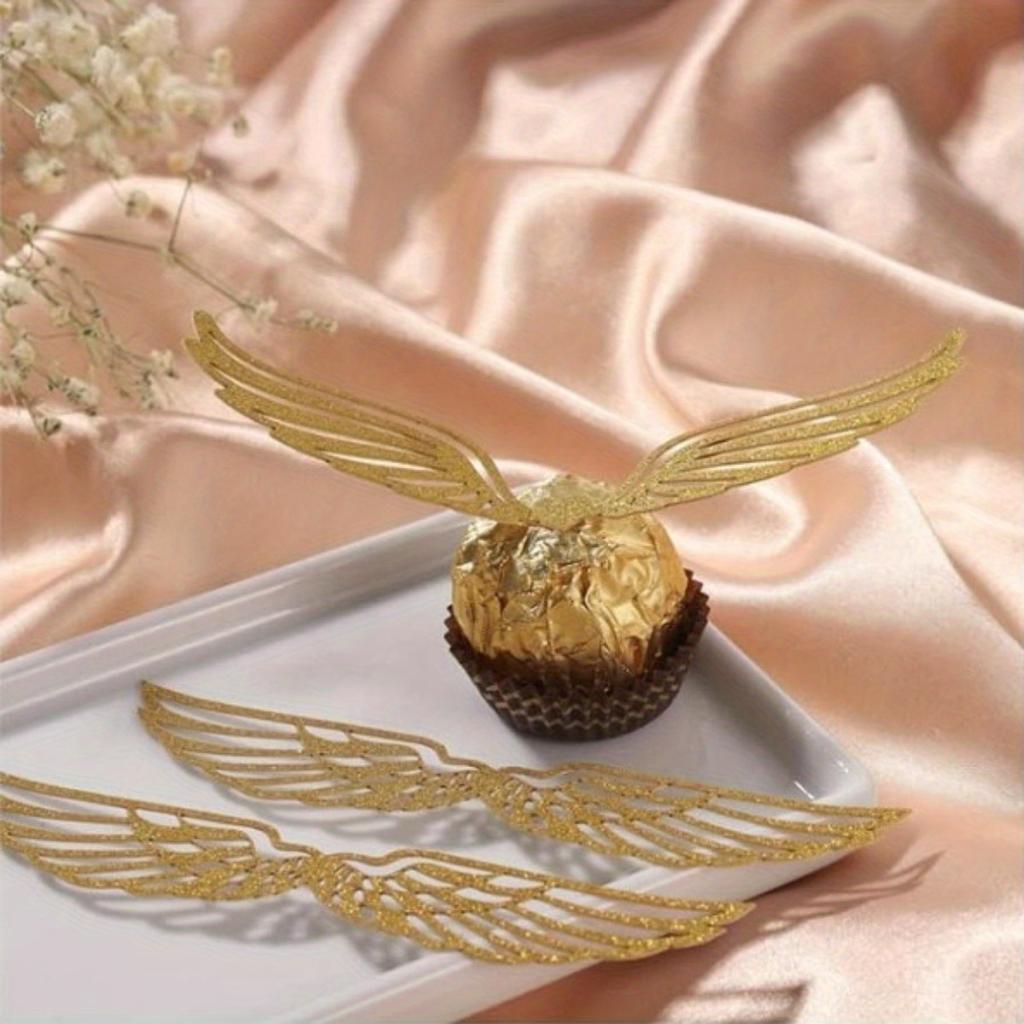 50pcs Golden Glitter Wings Chocolate Toppers with Packaging Snitch Wing Designs for Wizard Party Decorations Perfect for Cake Topper Decorations