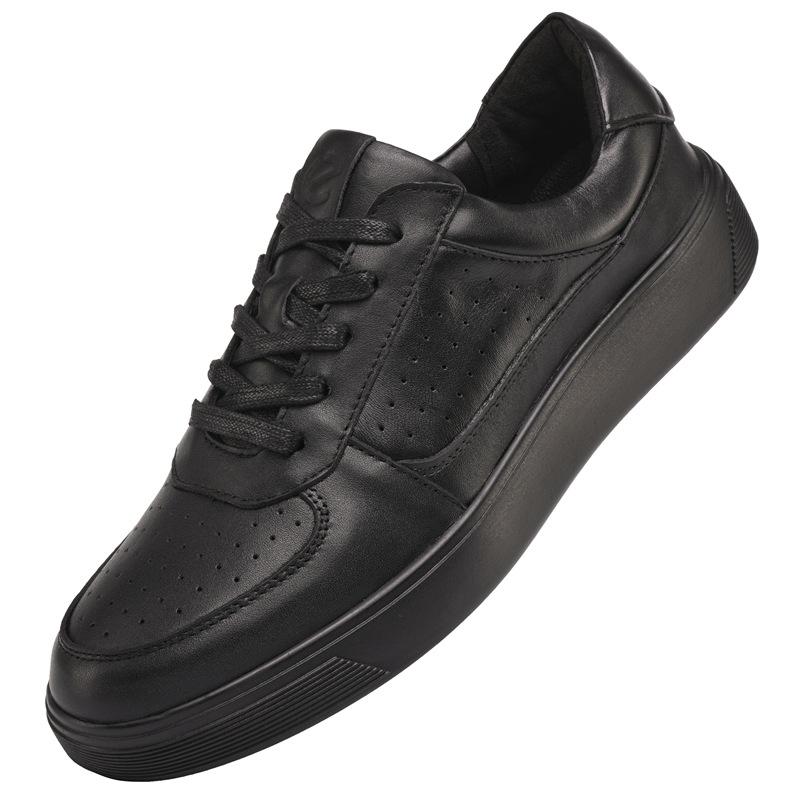 Trendy Leather Black Sneakers for Men's Casual Leather Shoes Height Increasing Thick Soled Small Black Shoes Low Top Casual Sneakers