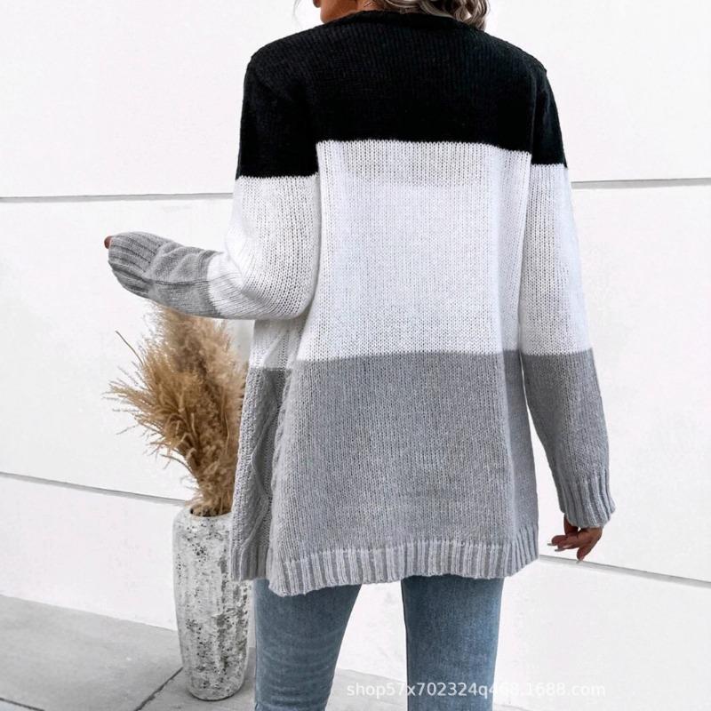Women European American Lazy Style Striped V Neck Long Sleeve Knit Cardigan Sweater