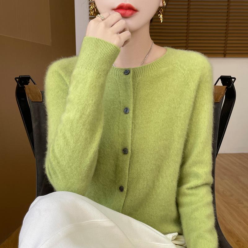 Damski kardigan płaszcz ze 100% czystej wełny z okrągłym dekoltem - Luźny sweter dzianinowy ściegiem podwiązkowym