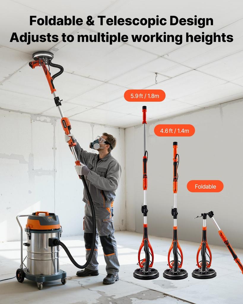 Drywall Sander, 850W Electric Drywall Sander, Popcorn Ceiling Removal Tool with 5 Variable Speed 800-1700 RPM, Double-Deck LED Light, Foldable &