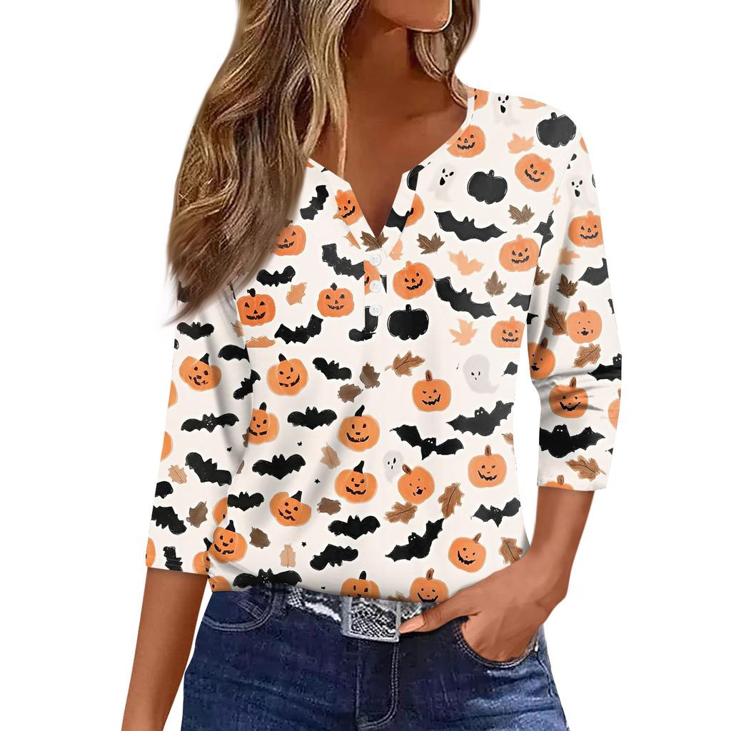 Women's T Shirt Tee Print Button 3/4 Sleeve Daily Weekend Fashion Basic V- Neck Regular Top