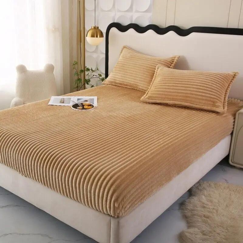 

Soft Warm Plush Mattress Protector Cover Milk Velvet Striped Fitted Sheet Bedcover Elastic Warm Bedsheets Bed Protection Pad New 99x190cm