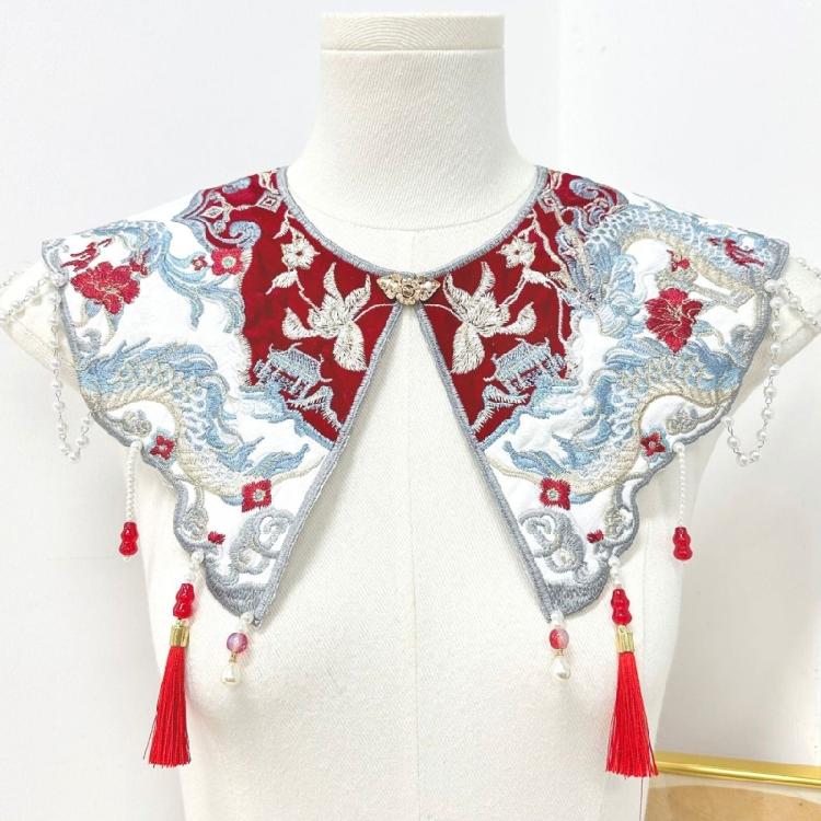 Stylish Detachable Embroidered Collar With Bead Embellishments Soft Polyester Fabric For Blouses And Dresses