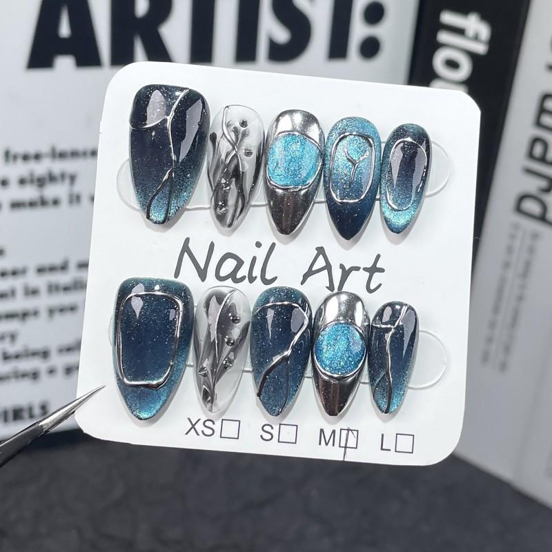 Almond Shape Press-On Nails With Cat Eye Gradient Metallic Finish 3D Embossed Design Reusable False Nail Tips Women Extra Small