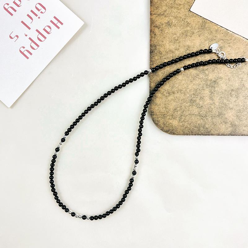 Náhrdelník z korálků z černého achátu ze sterlingového stříbra 925, korejský choker pro ženy